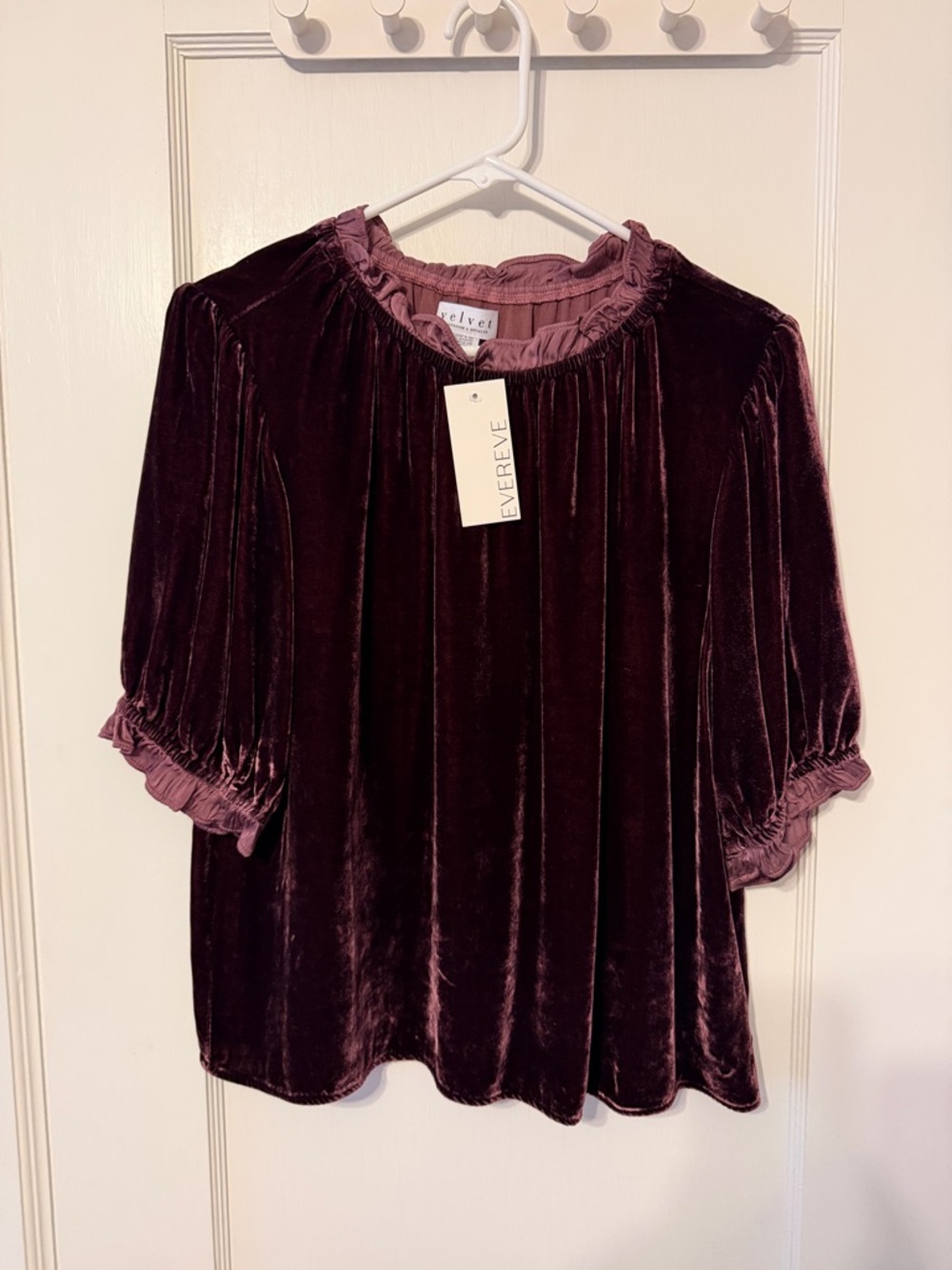 NWT Evereve Velvet Puff Sleeve Blouse in Plum